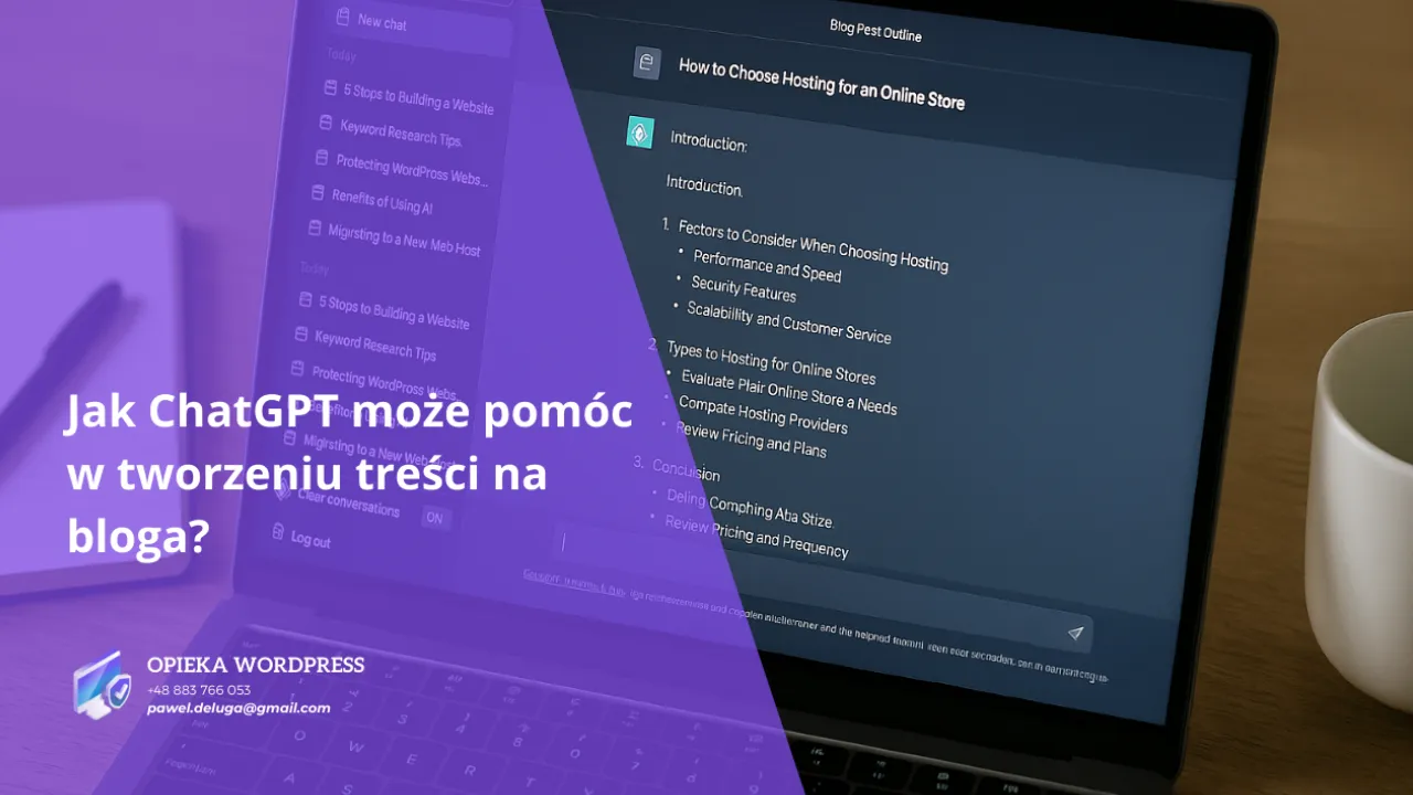 Laptop z otwartym oknem ChatGPT podczas pisania wpisu blogowego