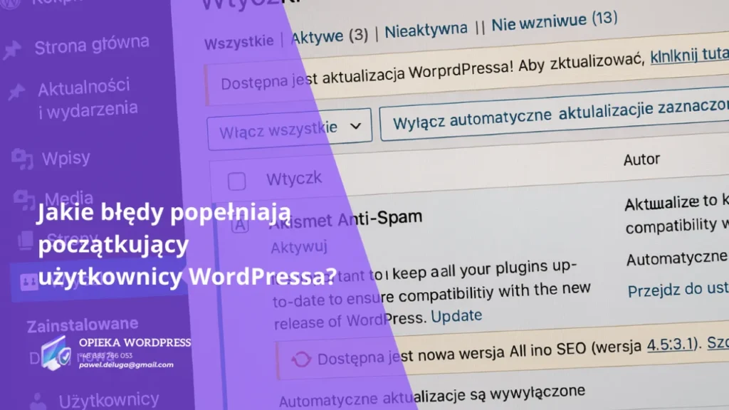 Panel WordPress z wtyczkami i komunikatem o aktualizacjach