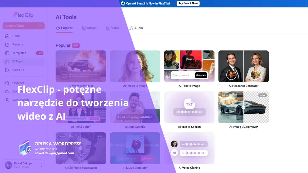 Ekran edytora FlexClip z narzędziami AI do montażu wideo online