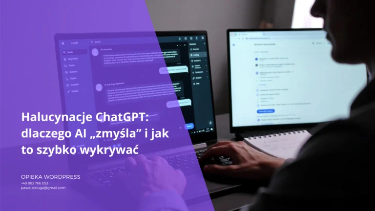 Osoba sprawdza odpowiedź ChatGPT w źródłach, ilustracja halucynacji AI i weryfikacji faktów