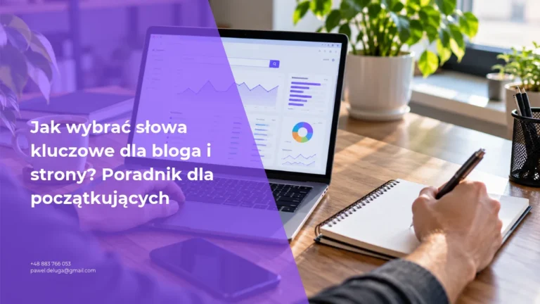 Analiza i wybór słów kluczowych SEO dla bloga i strony internetowej na laptopie z wykresami i statystykami wyszukiwania.